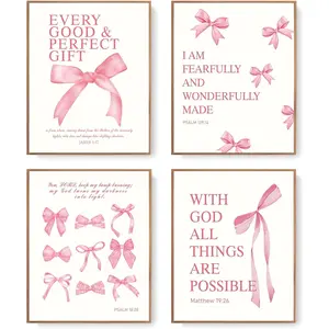 Bow Wall Art Decor Posters,  Bow Room Bedroom Bathroom Dorm Wall Art Decor Aesthetic for College Teen Girls Gifts, Inspirational  Verses Bow Wall Decor, 10x8 Inch Set of 4 count Bow Pictures (UNFRAMED)