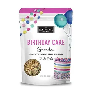 Safe + Fair Birthday Cake Granola – Gluten-Free, Vegan & Plant-Based Snack with Natural Sprinkles – 0g Trans Fat, Non-GMO, Kosher, Allergen-Free, Whole Grain - 12oz