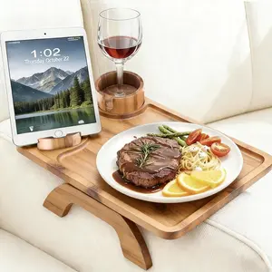 Couch Cup Holder Tray, 3-In-1 Acacia Wood Sofa Arm Clip On Table With 360° Rotating Phone Holder, Foldable Stable Armrest Organizer For Drinks & Snacks