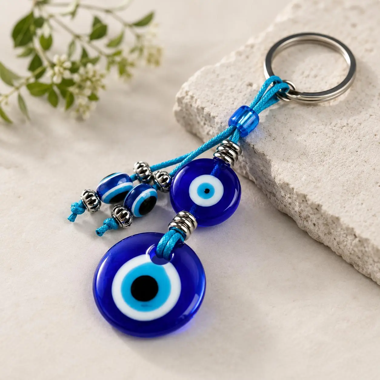 Classic Evil Eye Beaded Keychain with Metal & Cord Accents - Lightweight 1.90-Inch Decorative Charm for Handbags, Backpacks, Birthday Gift, Dangle Keychains, Everyday, 1.90 Inches Width, Blue Eye Element Keychains