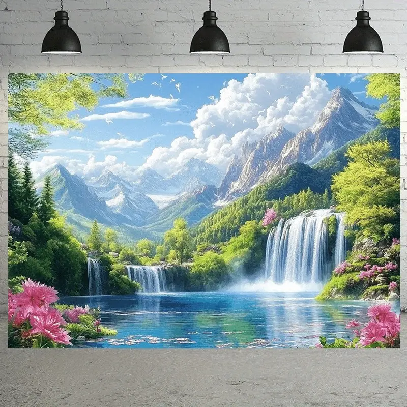 1pc Majestic Waterfall Backdrop Banner - Tall Waterfalls with Mountain & Greenery Landscape, Realistic Flower Accents - Durable Polyester Fabric Suitable for Home Decor, Party Decorations, Photo Booth Backgrounds - Multi-Color Nature Scen