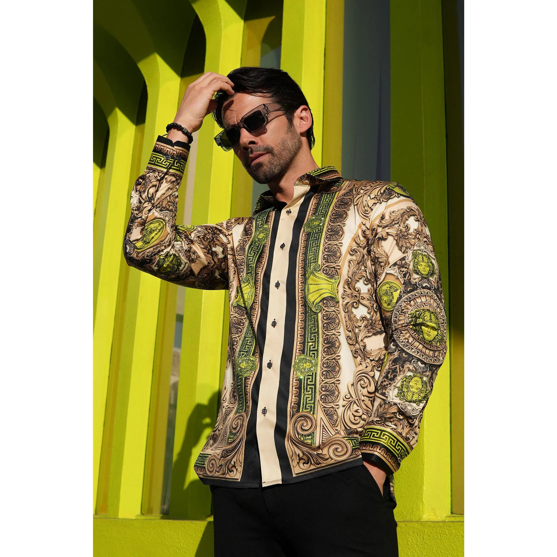 BARABAS Flamboyant Trend Long Sleeve Shirt - Hand-Placed Rhinestone Baroque Design, Floral Print, Slim Fit Fabric Fashion Man Stylish