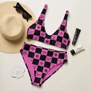 Women Checkered Bikini Set Pink Black Western Southwest Zia Sun Longhorn Skull High Waist Two Piece Swimsuit Beach Festival Summer Vacation Boho Streetwear Trendy Y2K Swimwear