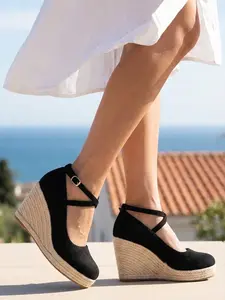 French Girl Aesthetic Black Espadrille Wedges for Women | Closed Toe Criss Cross Strap Platform Heels | Comfy Suede Summer Vacation Shoes | Elegant Day to Night Dressy Casual Sandals