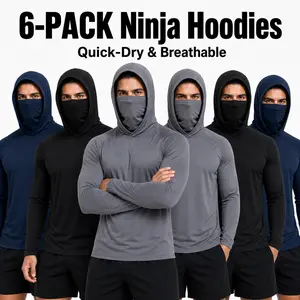 【6-Pack】Men's Outdoor Work Sun-Blocking Hoodie, 360° Protection Built-in Face Mask & Neck Cover, Lightweight Breathable Long Sleeve Shirts