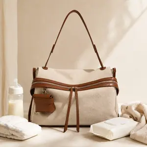 Old Money Mommy Bag, Luxury Beige Canvas Diaper Bag, Large Capacity Baby Travel Shoulder Tote