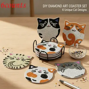 Six Cute Diamond Cat Cup Mats, DIY Acrylic Plastic Multicolor Cat Patterns, 6 Pcs Coffee Tea Drink Mats, Non-Slip Easy Clean, Gift Set