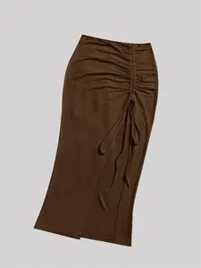 Elegant Slim-Fit Solid Color Bodycon Skirt with Side Drawstring Ruching Tie Design and Slit, Knee-Length Holiday Style for All Seasons