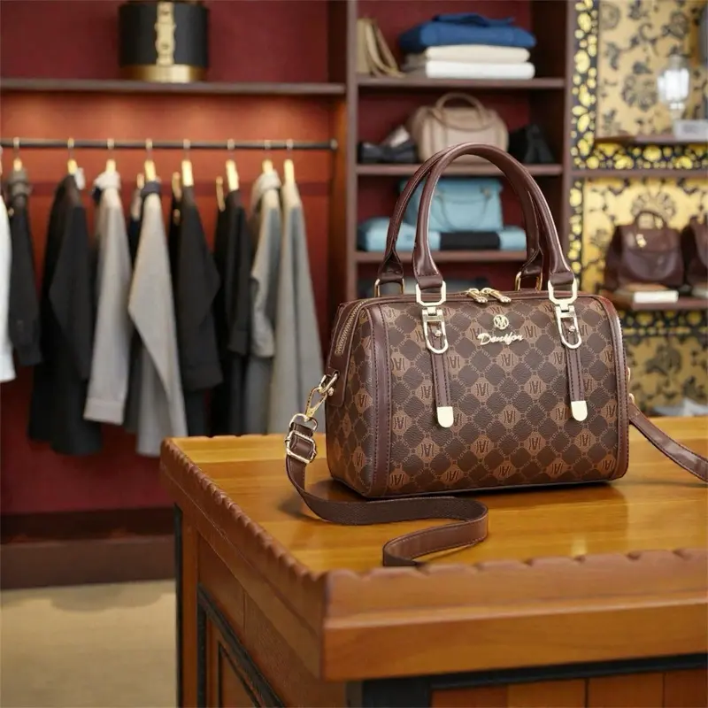 Elegant Brown Leather Satchel Bag with Monogram Design and Adjustable Strap for Women
