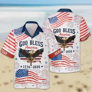 Custom name God Bless America Hawaiian Shirt – USA 250th Anniversary Patriotic Beach Shirt