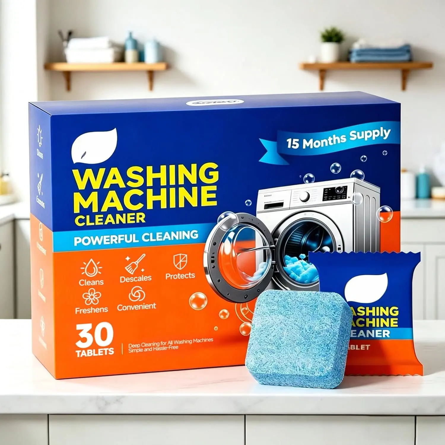 Washing Machine Cleaner tablets, 30 Count - 15 Month , Deep Cleaning Deodorizer for HE Front & Top Loader Laundry Washer, Cleans Inside Drum Pump Valve Hoses, Septic Safe,  Secent