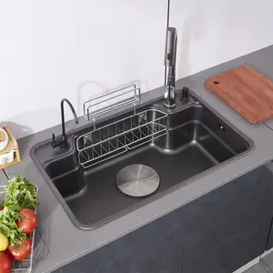 Bronstarz 30*18 INCH Nano Black Japanese-Style Stainless Steel Drop in Kithen Nano Sink w Hanging Basket Black