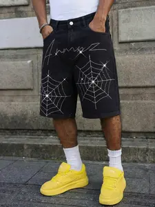 Men's Summer Rhinestone Spider Web Pattern Loose-Fit Straight Leg Denim Shorts, Streetwear Party Music Festival Casual Five-Pocket Pants