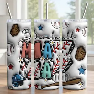 3D Inflated Effect Baseball Mama Tumbler 20oz - 18/8 Food-Grade Stainless Steel Insulated Cup with Lid, Metal Straw & Brush - Cute Puffy Visual Design, Gameday Gift for Mom - Smooth Surface - Ships in 2 Days