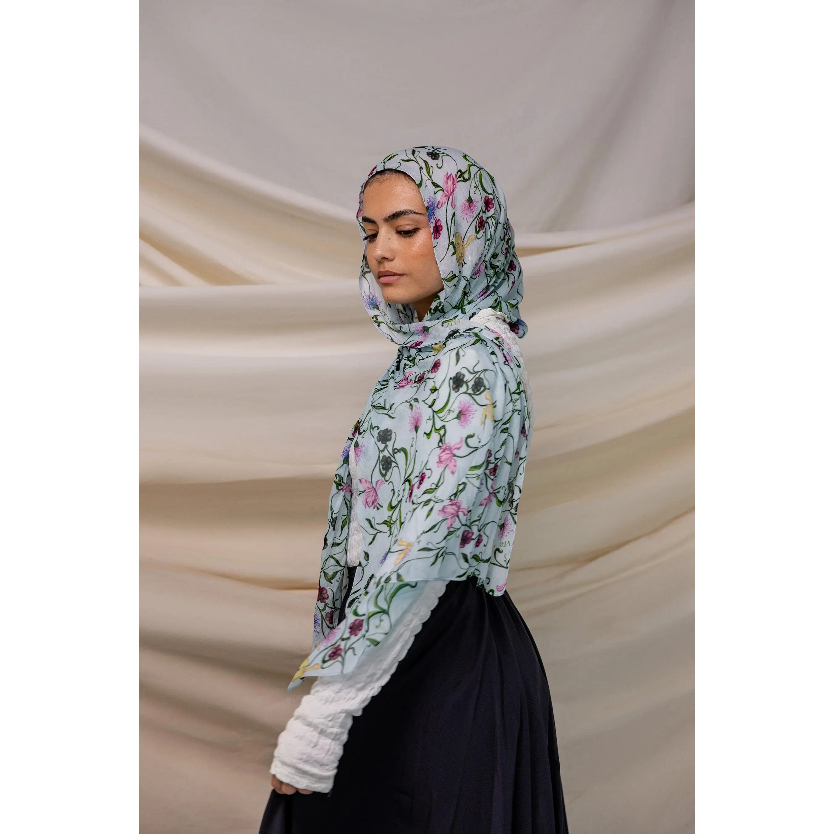 VELA Square Modal Hijab in Baby Blue Floral, Weightless Scarf Head Wrap for Women, Comfortable Hijabi Fashion
