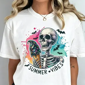 Summerween Skull Tees Summer Vibes Watercolor Ice Cream Skull Tshirt Im Freakin Melting Skull Tee Living the Dream Skeleton Tshirt Beach Skull Tshirt Summer Rocker Tees Just Waiting for Halloween Tees