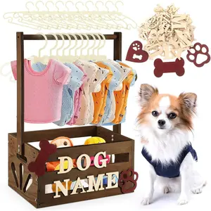 20" x 13" x 9" Wooden Pet Wardrobe Closet Crate Box with Hanging Rods and Personalized Pet Alphabet Letters Easy Assembly Baskets for Dog Cat Toys Clothes Accessories(Dark Walnut)