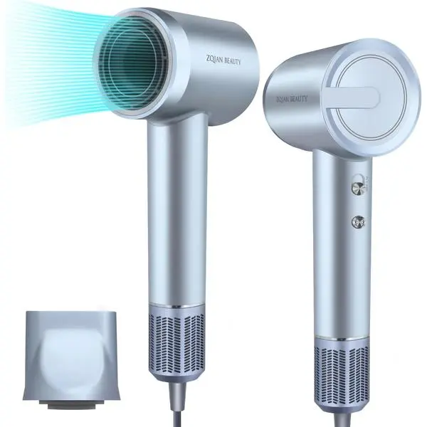 Ionic Hair Dryer with 200 Million Negative Ions, High-Speed Blow Dryer for Women and Men Fast Drying Low Noise Travel Hairdryer (Silver Blue, with Concentrator Nozzle)