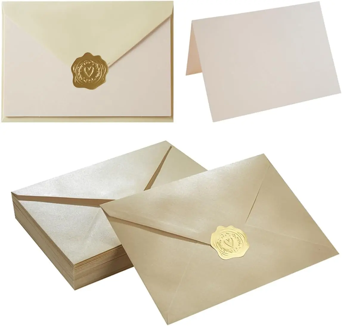 50 Pack Shiny Envelopes with Shiny Cards and  Stickers for Invitations and Greeting Cards (Shiny Cream, 5x7)