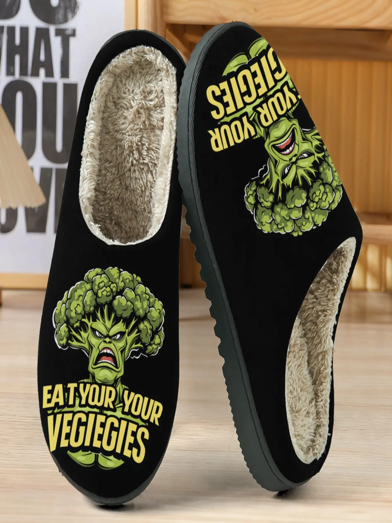 Funny Broccoli Hulk Cotton Slippers, Plush Lining Warm Feet, Quirky Design with Eat Vegetables Slogan, Casual Home Wear