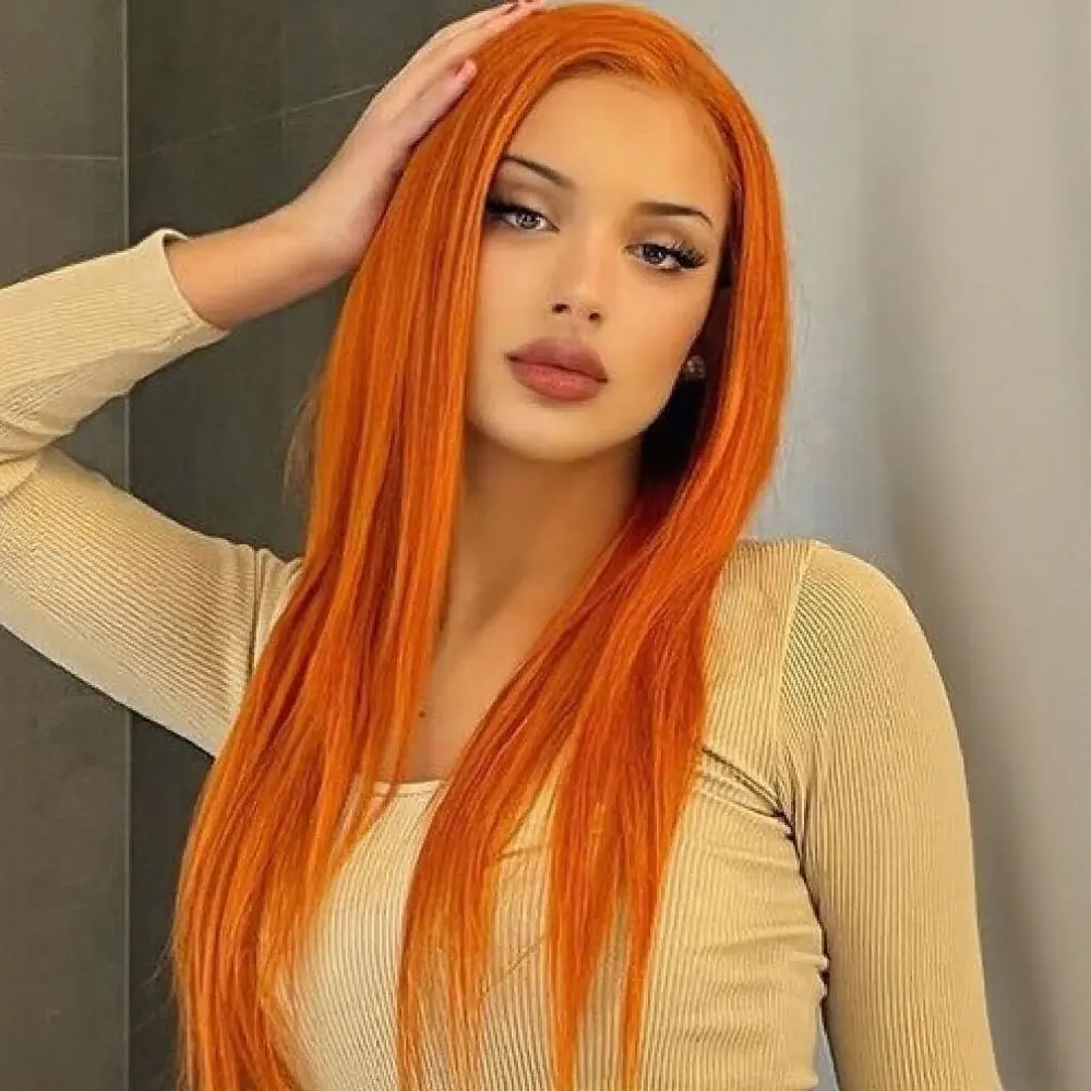 13x4 Lace Frontal Wig in Ginger Orange, Long Bone Straight Heat Resistant Synthetic Hair for Women, Glueless Pre-plucked for Cosplay & Daily Wear, Female, Straight Hair, Natural Straight