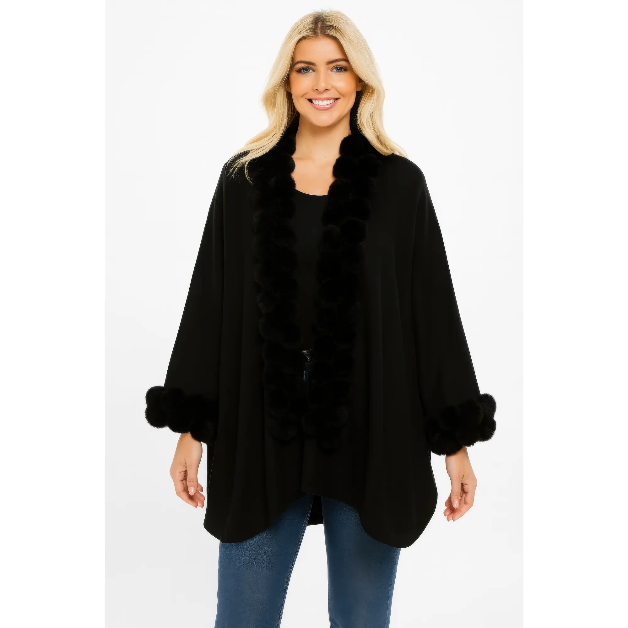 Open-front Cape With Pom Faux Fur Trim