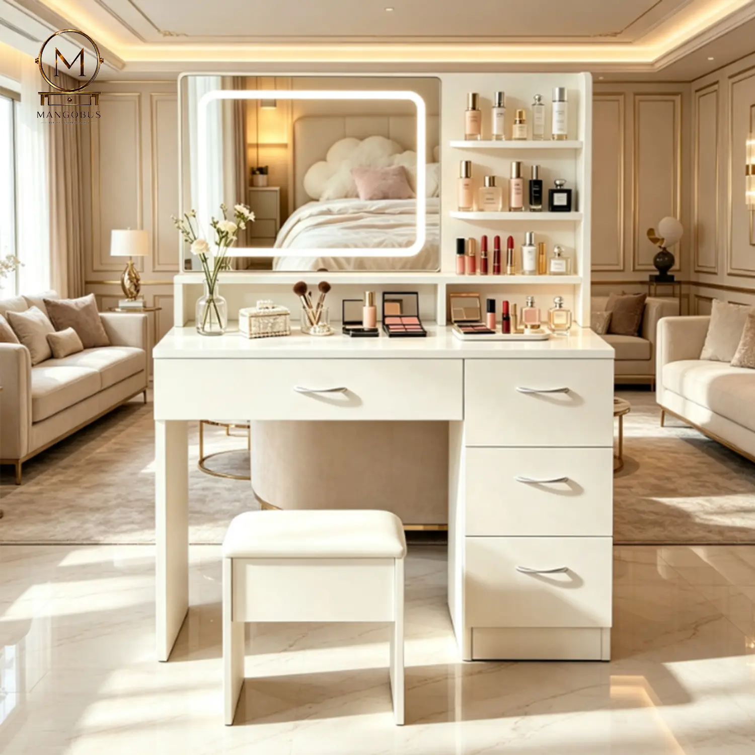 White vanity set includes LED-lit mirror and stool; modern-style bedroom makeup table with storage drawers; popular choice for girls; suitable for bedrooms, living rooms, and dorms.