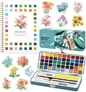 Watercolor Paint Set with Palette and Brush, Watercolor Workbook, Water Coloring Book, 12 Different Patterns of Original DIY Designs, Beginner-Friendly Watercolor Workbook for Bouquet Painting