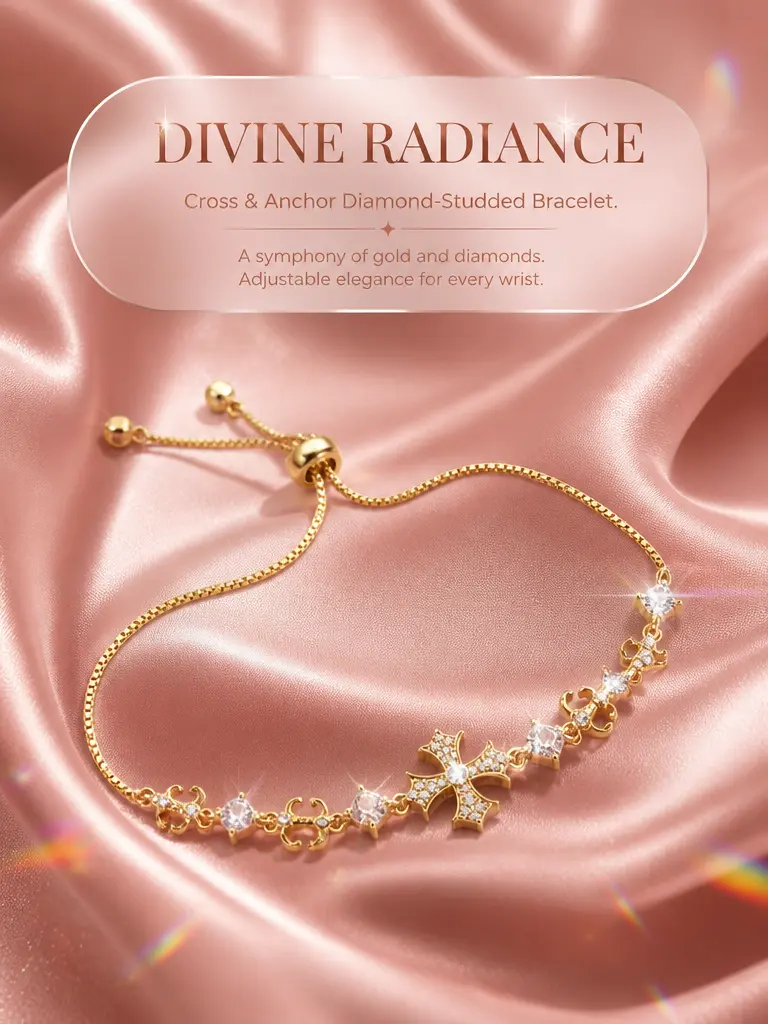 Women's Gold Cubic Zirconia Adjustable Sliding Bracelet - Elegant Cross & Anchor Charm, Christian Motif Crucifix Pendant Bracelets & Bangles for Daily Wear, Adjustable Sliding Bracelets & Bangles, Anchor Bracelets & Bangles