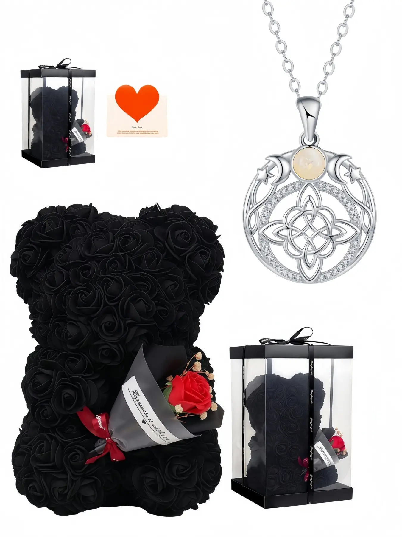 Moonlight Talisman Luxury Celtic moon-star witch knot opal sparkling necklace.Matched with preserved rose and teddy bear gift box.A mysterious gift for birthdays, Valentine's Day, Mother's Day and Christmas.