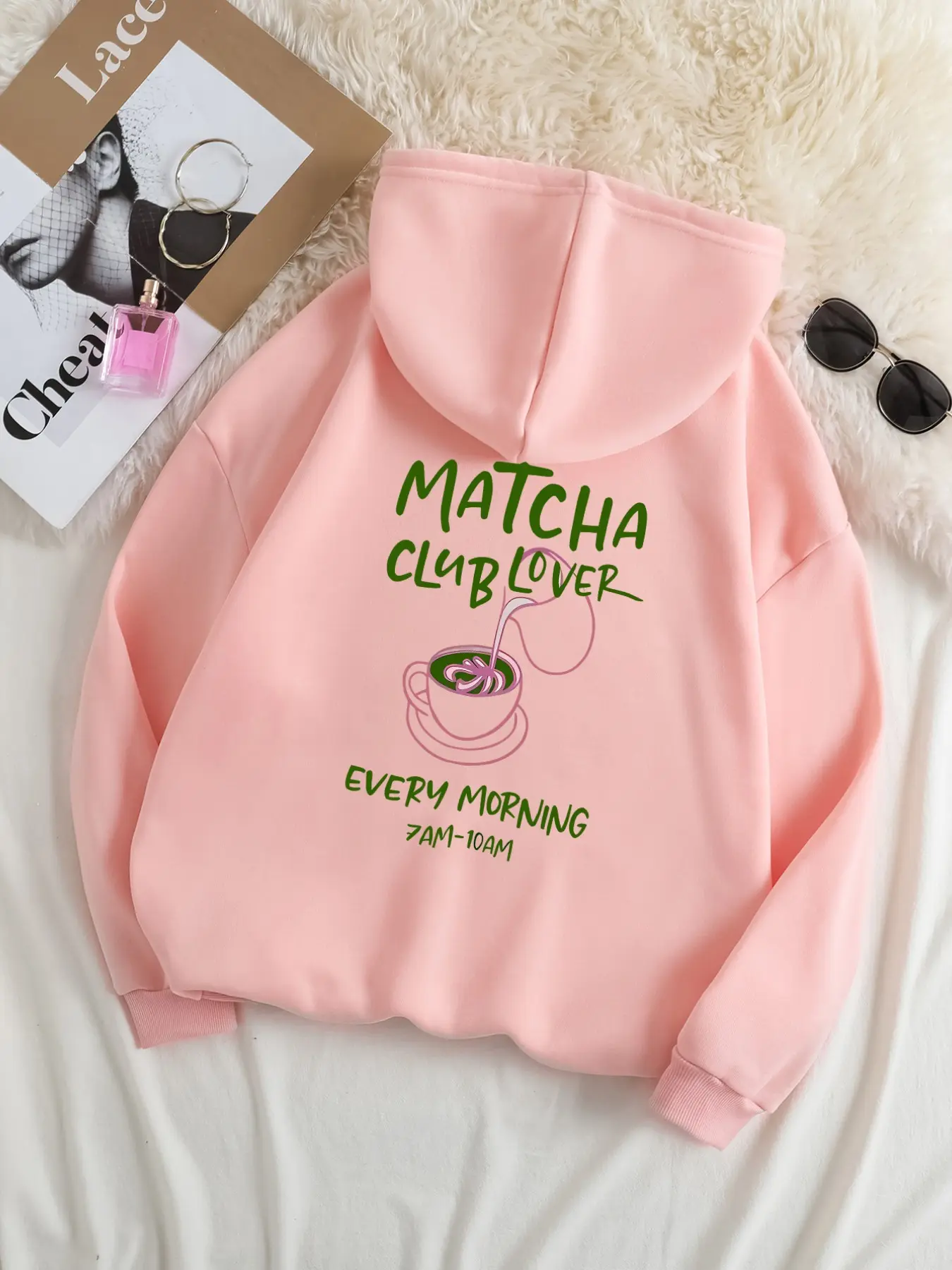 Cute Matcha Print Women's Drawstring Hoodie, Casual Graphic Long Sleeve Top, Fitted Pockets Design, Fall & Winter Fashion