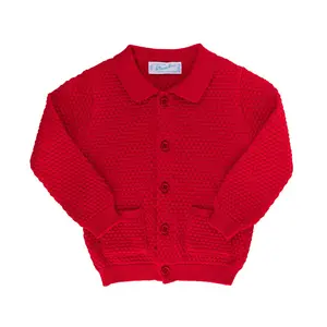 Collared Popcorn Knit Red Cardigan