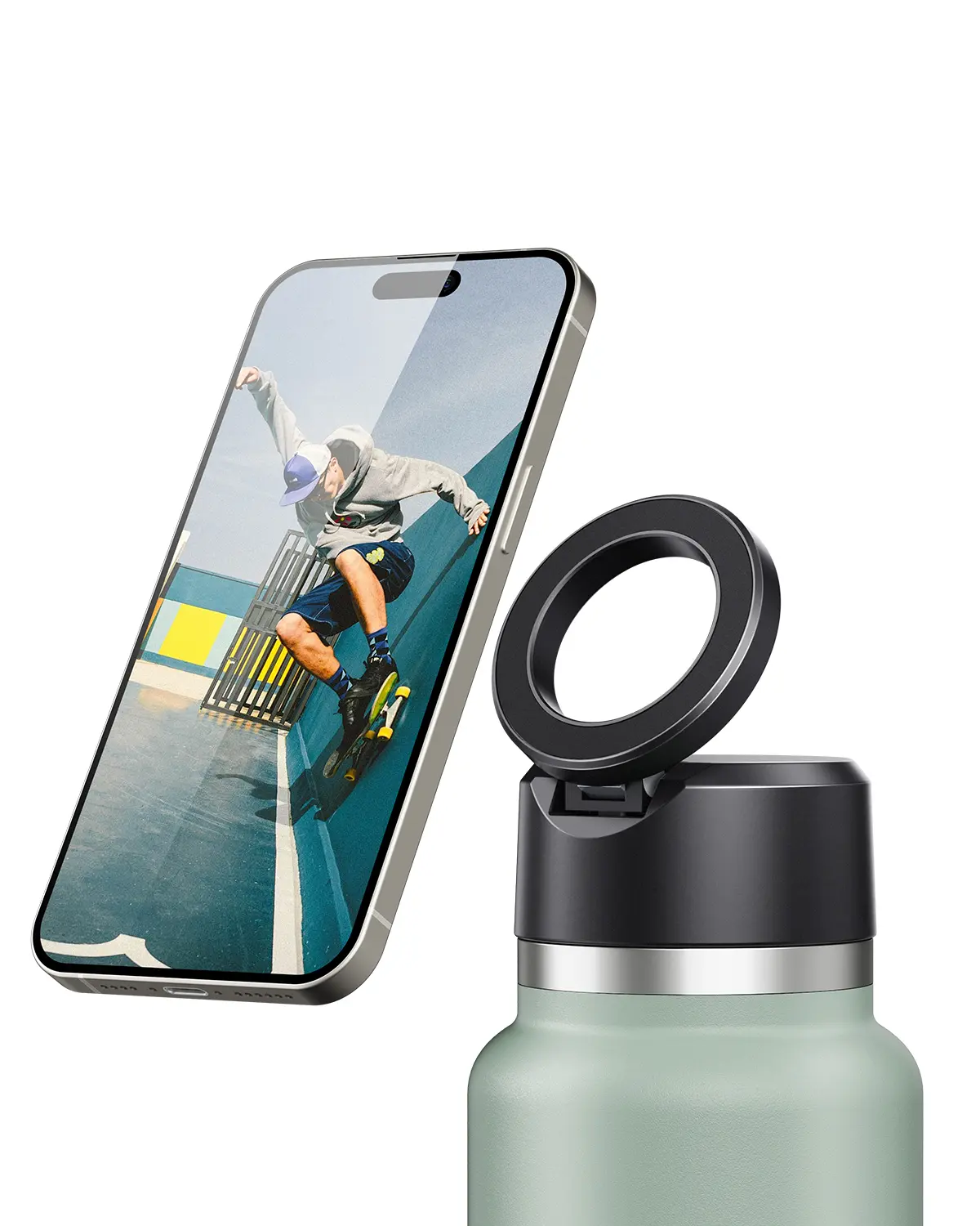 Magnetic Magsafe Phone Mount Tripod Cup Lid for Hydro Flask Wide Mouth (2.28" Inner Diameter, 12/16/20/32/40/60oz) - Secure Fit, Bisphenol A (BPA)-Free Replacement Lid with Handle Top, Multi-Purpose Mobile Phone Accessory, Durable
