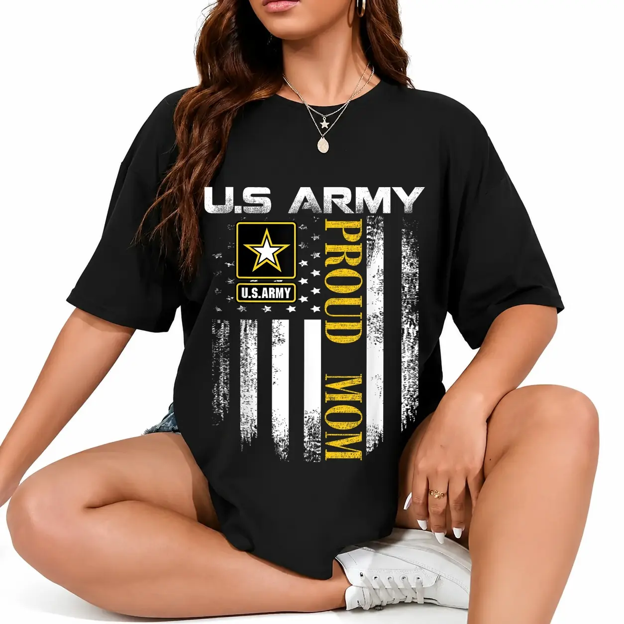 Women's 100% Cotton Vintage Army-Themed Americana Graphic T-Shirt - Round Neck Short Sleeve Casual Tops, All American Proud Mom American Flag Clothes, Everyday Wear