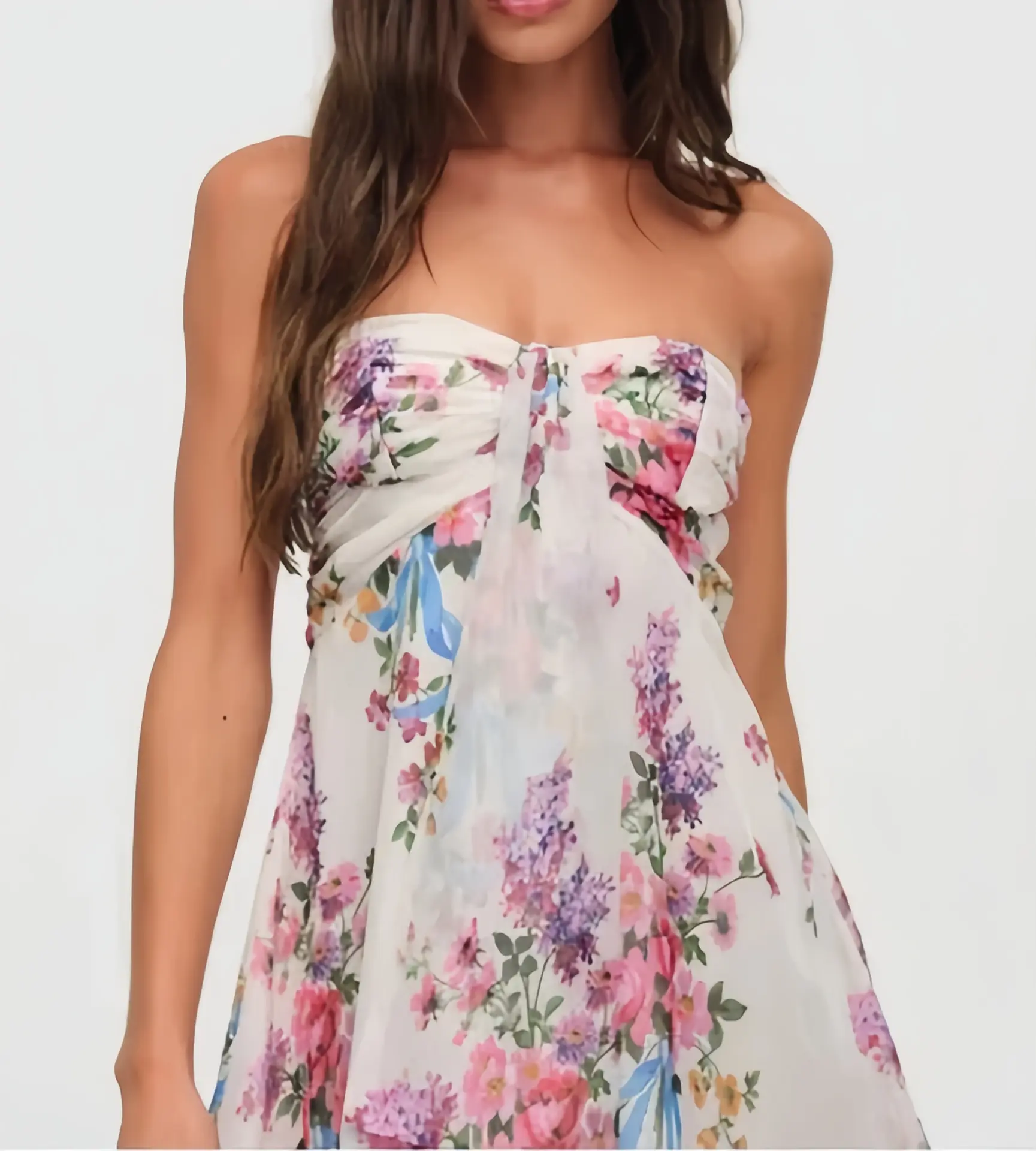 2026 Ladies New French Dress Printed Translucent Floral Strapless A-Line Skirt