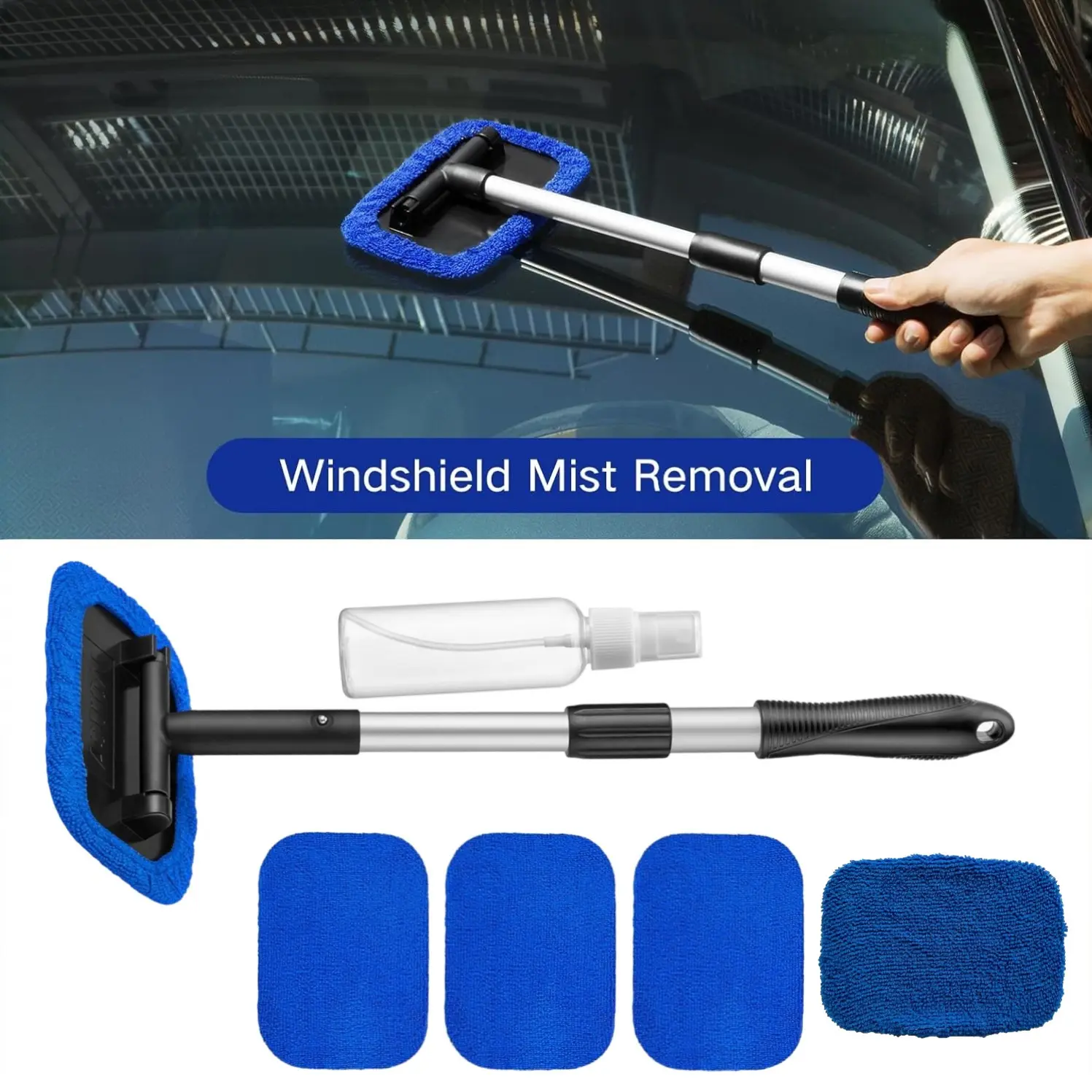 Windshield Cleaner,Microfiber Car Window Cleaner with 4 Reusable and Washable Microfiber Pads and Extendable Handle Auto Inside Glass Wiper Kit Automotive