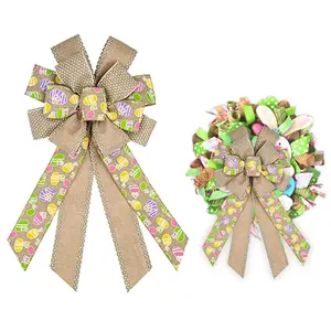 Large Easter Bows for Wreath, Spring Easter Colorful Eggs Wreath Dot Bows for Front Door, Easter Gray Burlap Ornament Tree Topper Bows for  Indoor Outdoor Decor