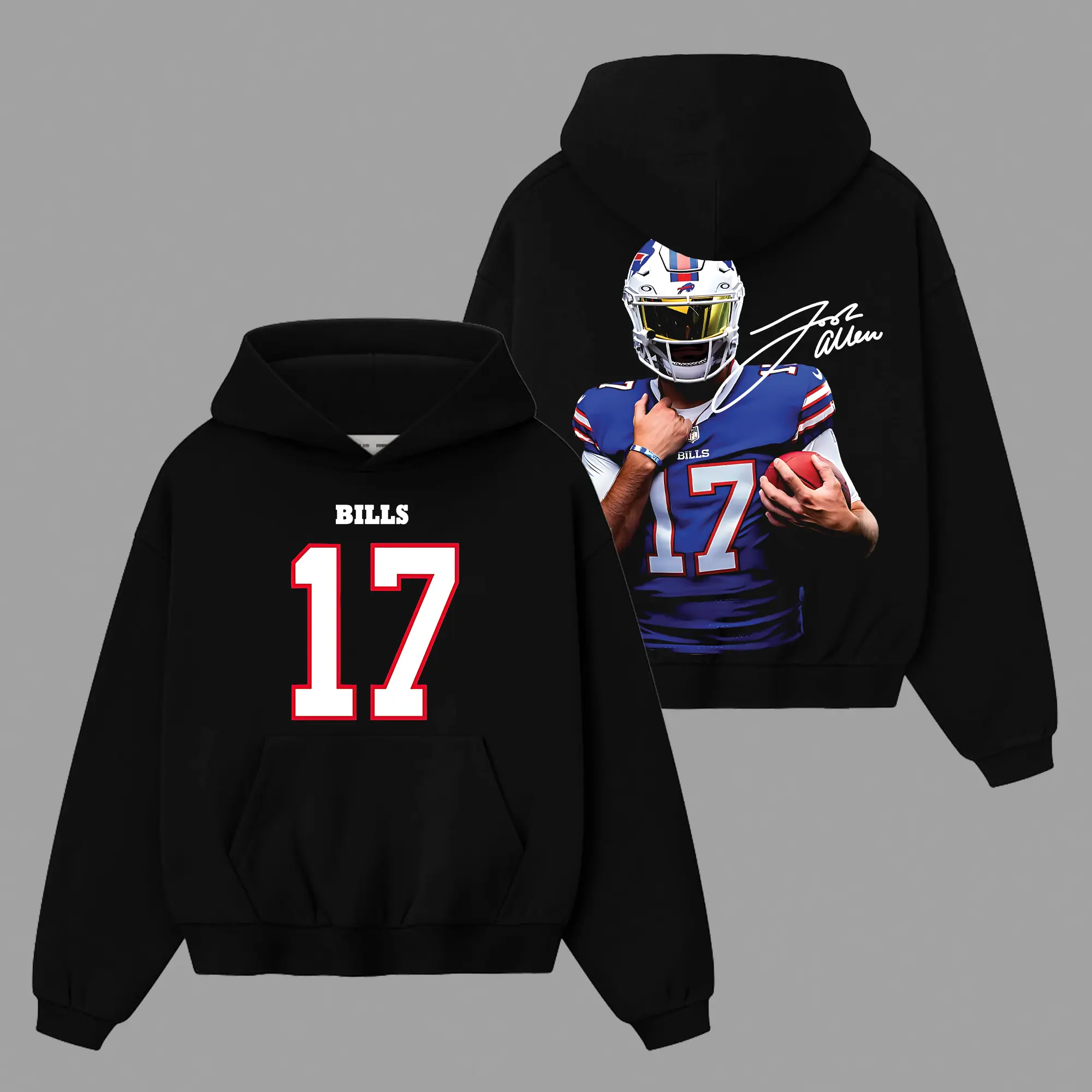 Josh Allen 17 For Bills Nation Premium Cotton Hoodie Sweatshirt T-Shirt (Made In US), Bills Football Fans Shirt, Game Day Outfits, Gift For Football Fans, Football Graphic Tee Hoodie
