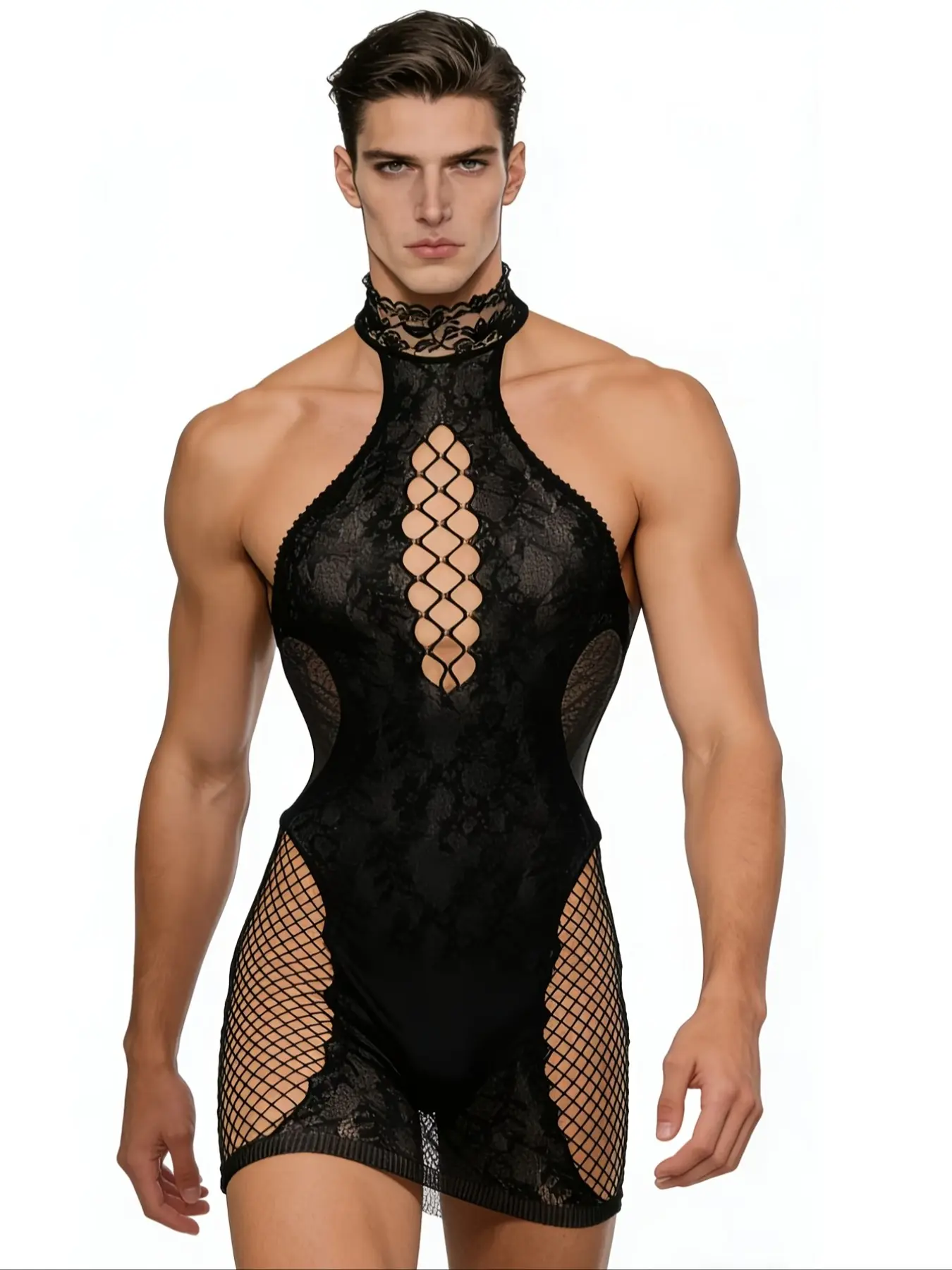 Men's Erotic Knitted Elastic Sleepwear Pajamas Loungewear Sleep Onesie, Sleeveless Hollow Out Temptation Design, Comfortable and Stylish Underwear for Daily Wear