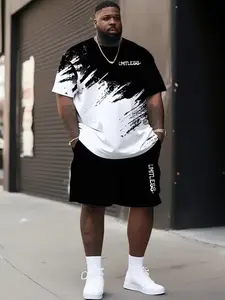 Men's Casual Two-Piece Set, Fashion Print T-Shirt, Comfortable Summer, Daily Wear, Plus Size, Loose-Fitting, Short Sleeve
