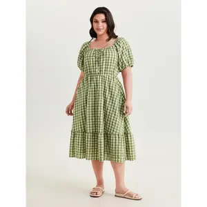 BLOOMCHIC Plus Size Gingham Print Adjustable Drawstring Neckline Midi Dress [M-6X]2026 Summer Vibes
