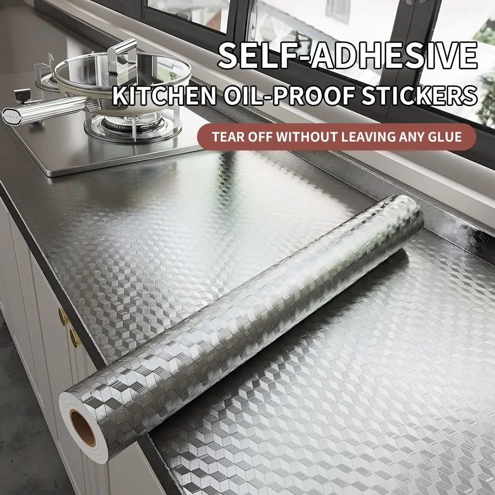 Silver Chequer Peel and Stick Wallpaper, 15.7"x118" | Aluminum Foil Self Adhesive Sticker, Waterproof Oil Proof Heat Resistant Easy Clean for Kitchen Countertops and Cabinets