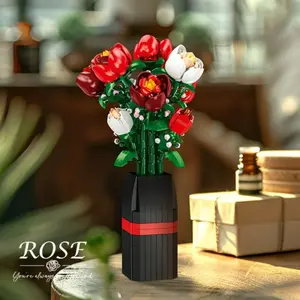 761+ Piece Rose Floral Building Block Set with Block Vase Display Model Desktop Ornament, Artificial Flowers, Home Decor Flower Ideal Gift for Women and Girls Perfect for Holidays, Birthdays, Valentine's Day, Mother's Day, Christmas, and New Year