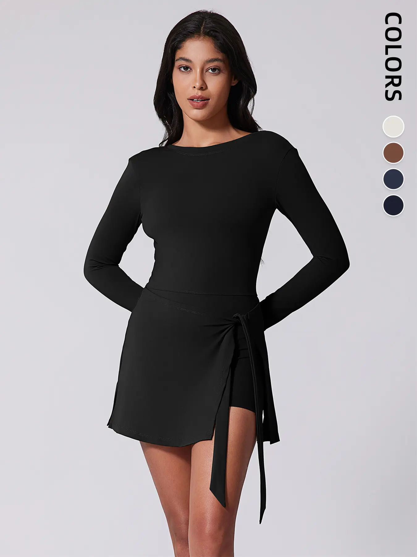 Women's Sporty Long Sleeve Yoga Dress, High Waist, Built-in Bra, Anti-Slip Lining, Knitted Fabric, Ideal for Fitness, Running, Tennis, Yoga, Workout Athletic Dresses