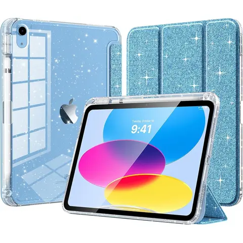 Case for iPad (A16) 11th Generation 11 Inch 2025, iPad 10th Generation Case 10.9 Inch 2022, Glitter TPU Cover with Shiny Clear Back Shell & Pencil Holder,Auto Wake/Sleep, Glitter Sky Blue