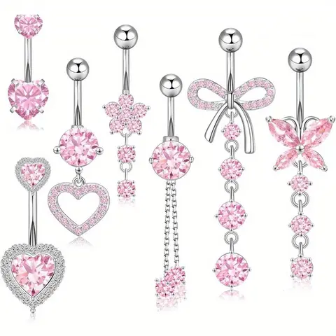 7Pcs 14G Belly Button Ring Dangle Belly Button Piercing Surgical Stainless Steel Belly Rings Cute CZ Heart Butterfly Flower Dangling Belly Piercing Jewelry for Women