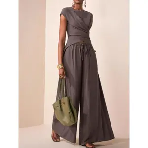 Women's short sleeveless top, casual pants set, slim-fit T-shirt, solid color pattern, fashionable for all seasons, comfortable and stylish Floral Crop Maxi Skirt denim two piece