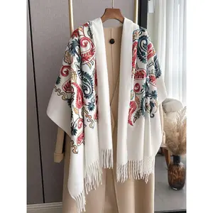 Women's Floral & Leaf Embroidery Tassel Decor Shawl, 2024 New Style Casual Elegant Scarf for Fall & Winter, Fashion Accessories for Women & Girls