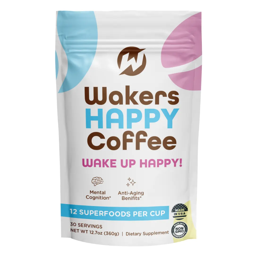 Wakers Happy Coffee Premium Smooth Dark French Roast Organic Instant Coffee Blend Powder - Vegan, Plant-Based Beverage with 12 All-Natural Superfood Infusions for Energy & Goal Support (Health & Wellness Supplement)