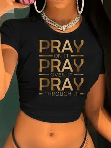 Womens Pure - Black Crop Top: Black Inspirational Crop Top Pray On It Over It Through It Metallic Statement - Perfect for Spring Summer and Fall Bold Statement Top Comfortable Stretchy Fit Love